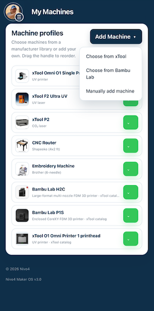 Machine profiles on an iPhone