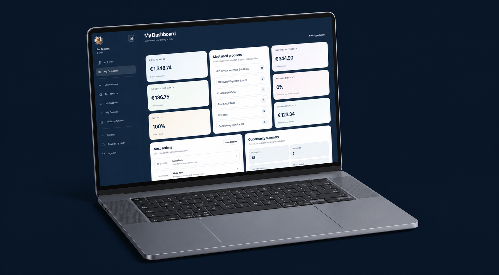 Realistic aluminium laptop showing the Nivo4 Maker OS dashboard