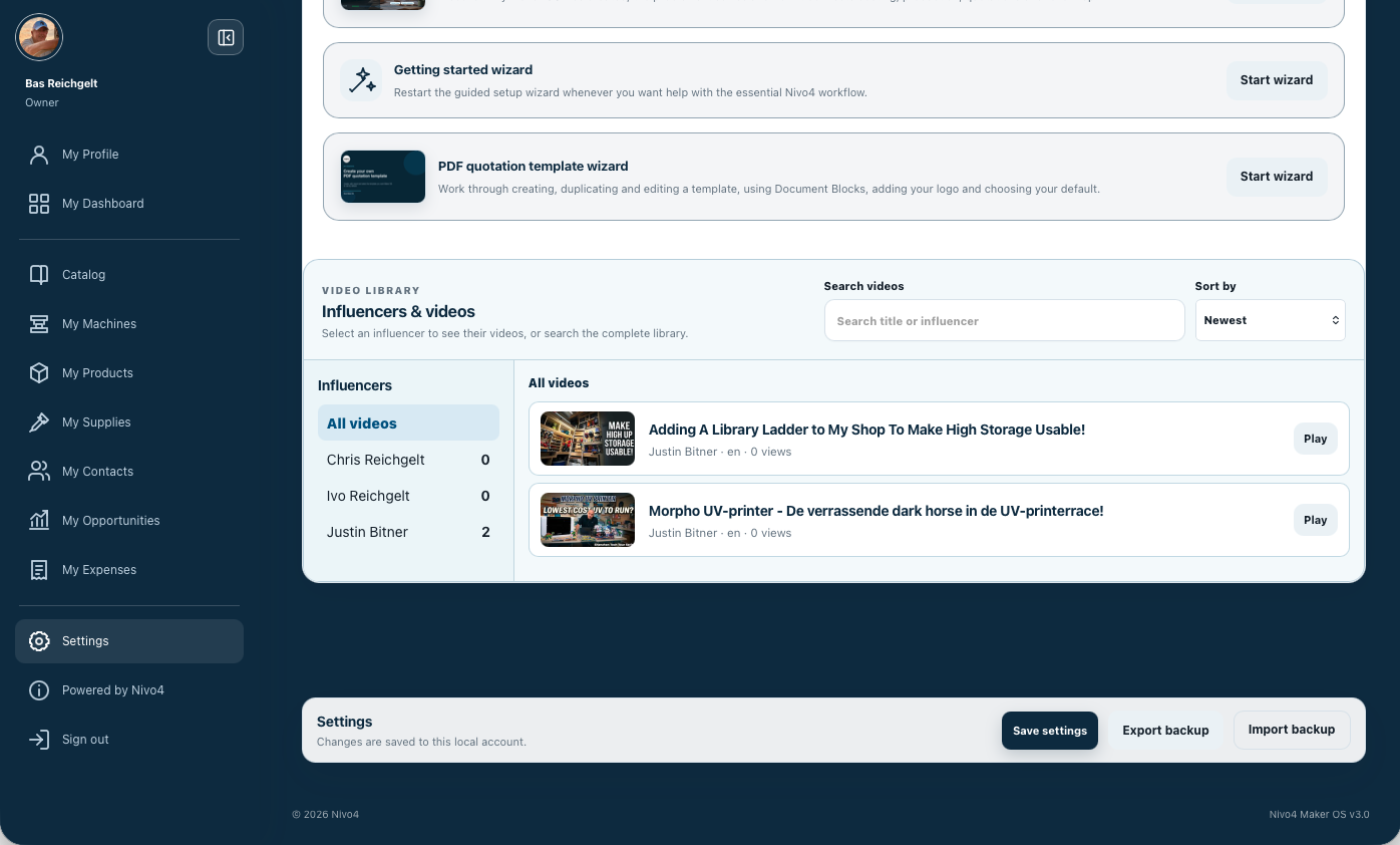 Maker OS video library showing Influencer Partners and their selected videos