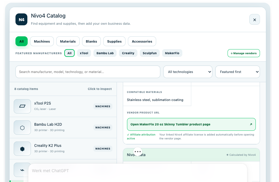 Maker Catalog met categorieën, leveranciers, zoekfilters en productdetails